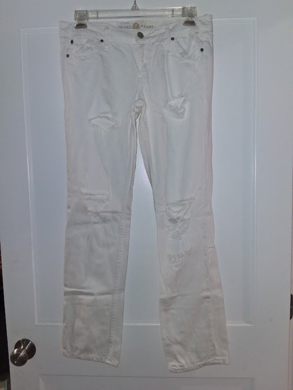 Velvet Heart Destroyed Ripped White Denim Straight Leg Jeans Sz 31